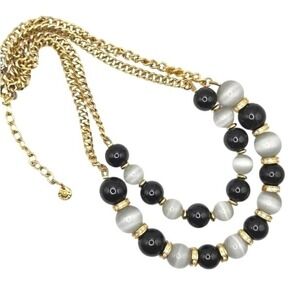 Talbots Gold Tone Double Strand Beaded Necklace Black Gray Rhinestone Accents‎